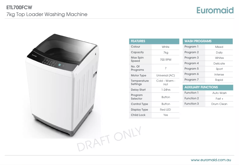 Page 1 de la notice Fiche technique Euromaid ETL700FCW