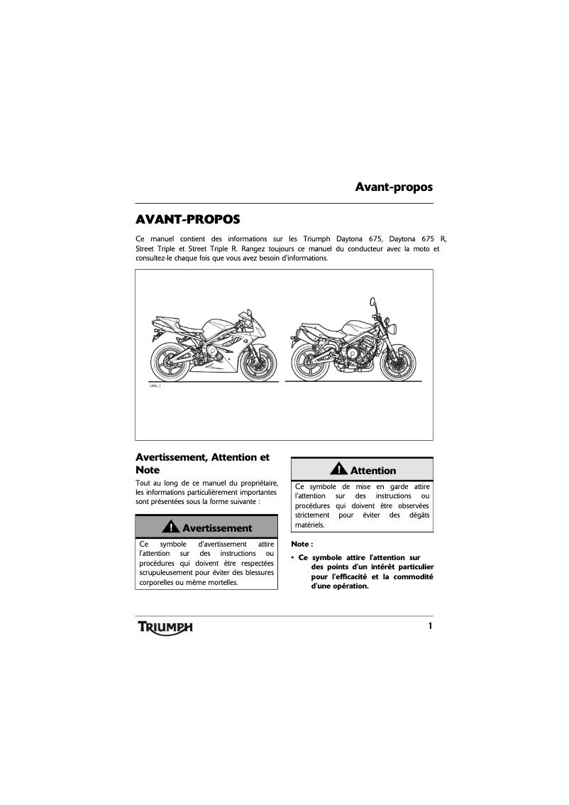 Page 1 de la notice Manuel utilisateur Triumph Daytona 675 (2010)