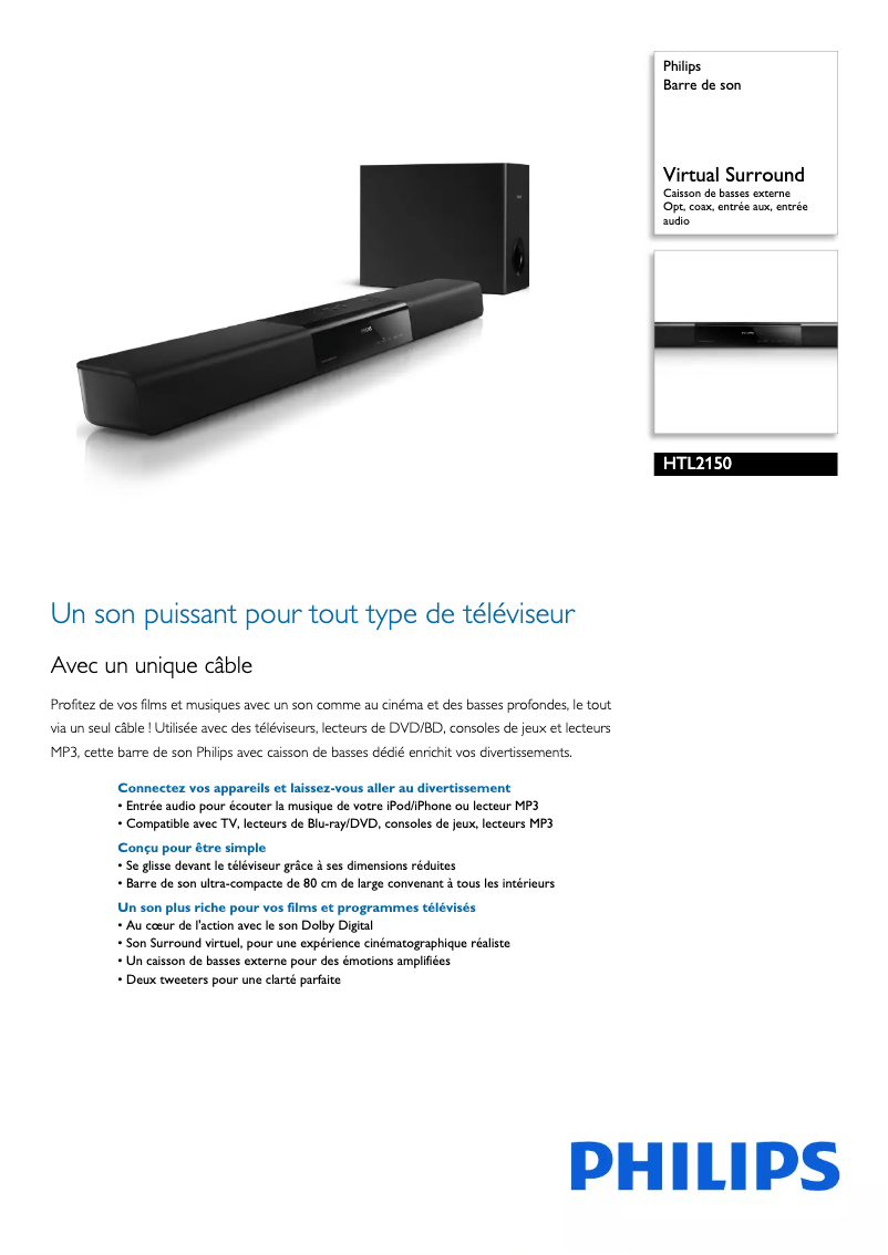 Page 1 de la notice Fiche technique Philips HTL2150