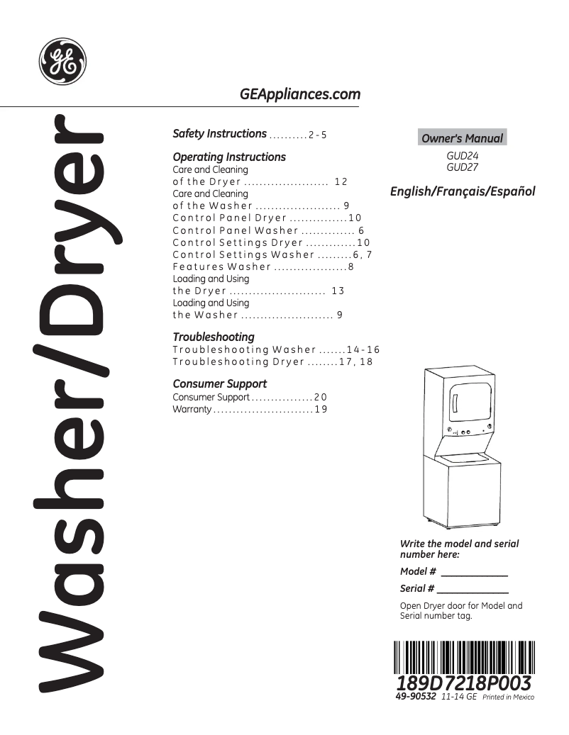 Page 1 de la notice Manuel utilisateur GE Spacemaker GUD27GSSJWW