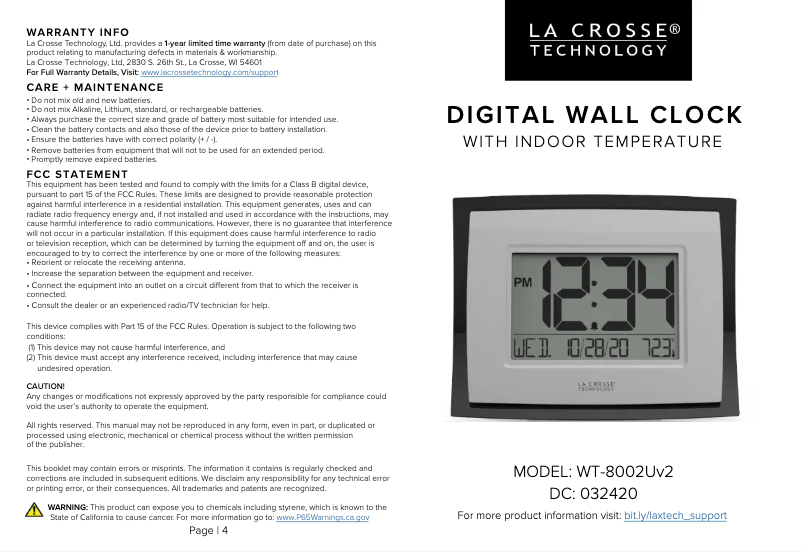 Page n°1 - Manuel utilisateur La Crosse Technology WT-8002UV2