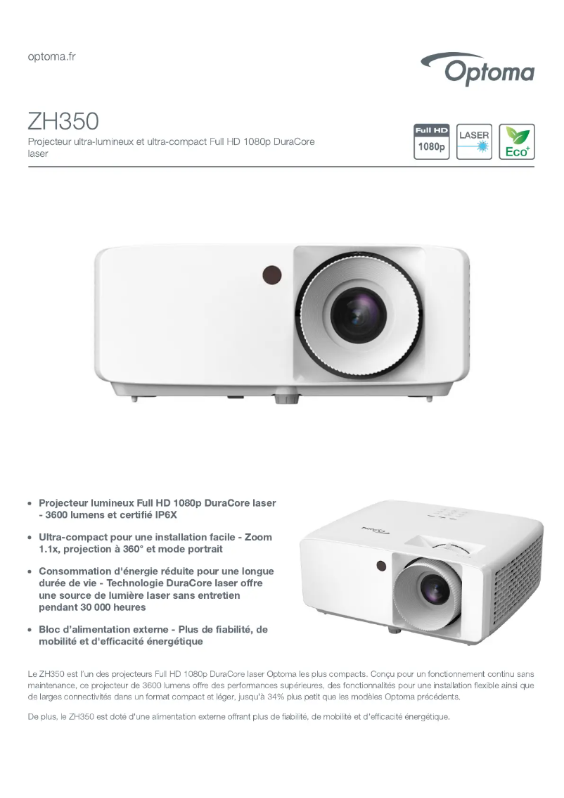 Page n°1 - Fiche technique Optoma ZH350