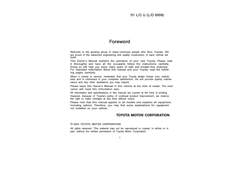 Page 1 de la notice Manuel utilisateur Toyota Land Cruiser (2001)