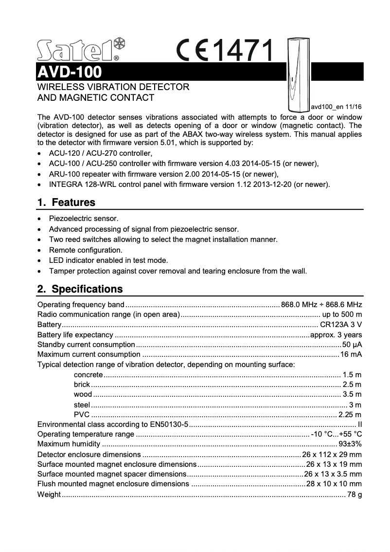 Page 1 de la notice Manuel utilisateur Satel AVD-100
