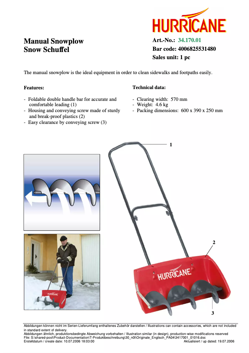 Page 1 de la notice Manuel utilisateur Hurricane Snow Schuffel