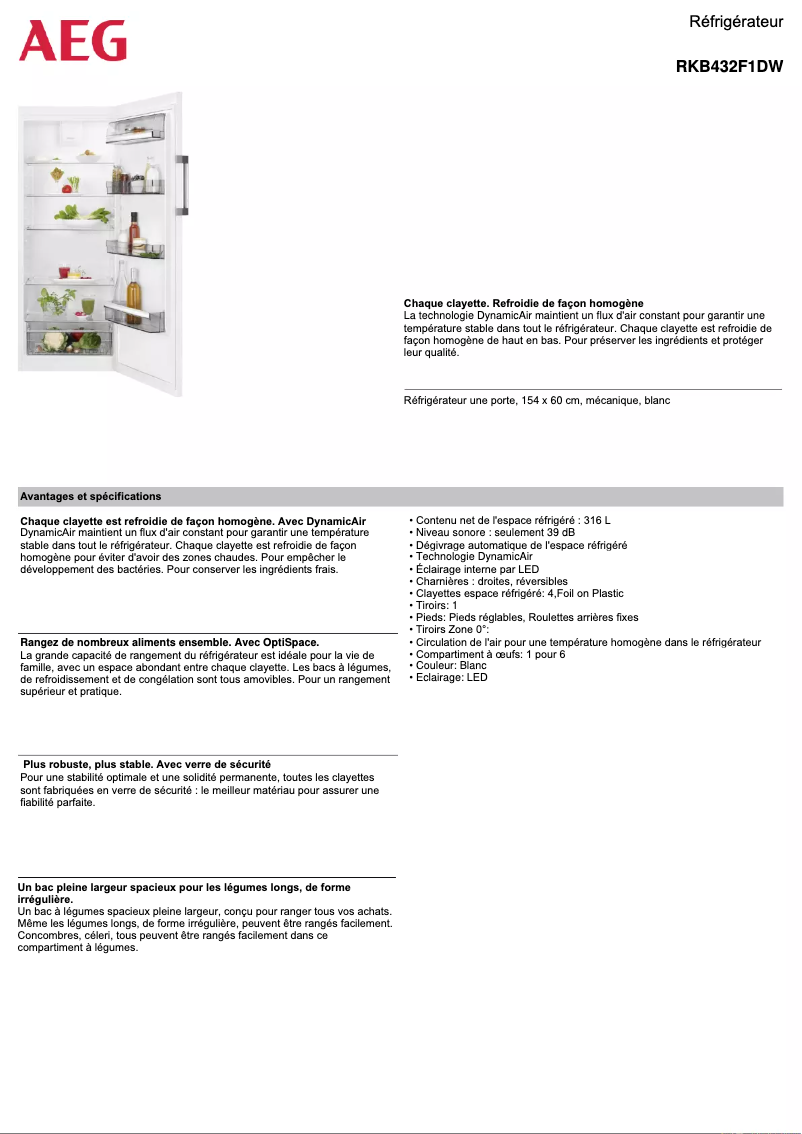 Page 1 de la notice Fiche technique AEG RKB432F1DW