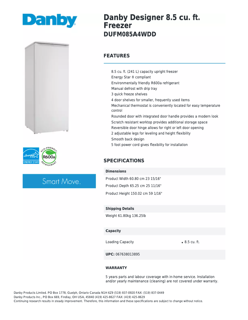Página 1 del manual Ficha técnica Danby DUFM085A4WDD