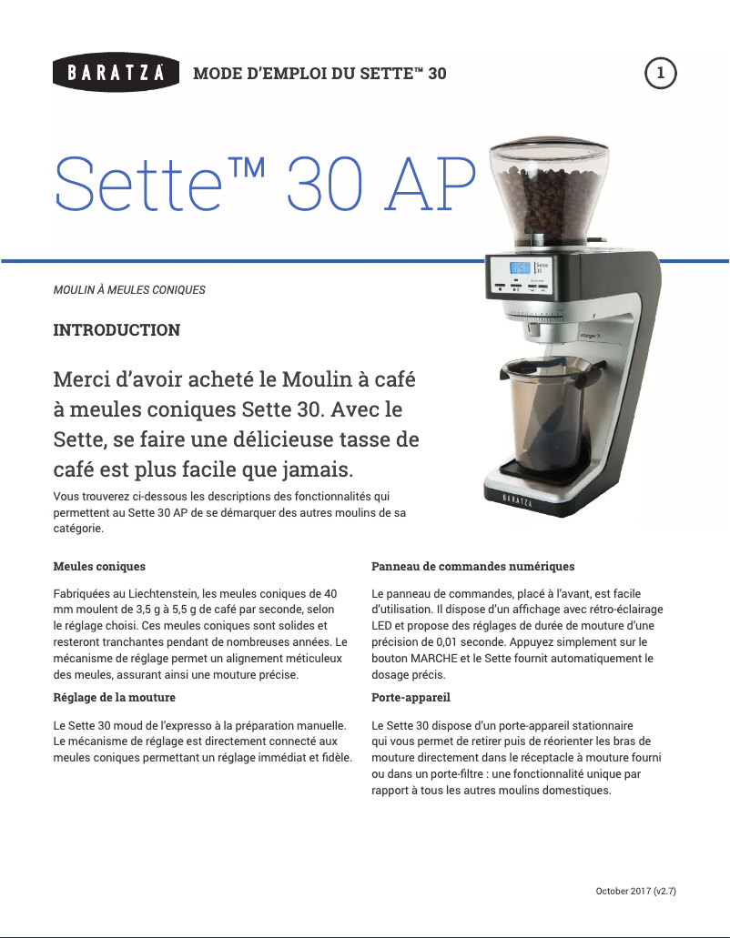 Page 1 de la notice Manuel utilisateur Baratza Sette 30