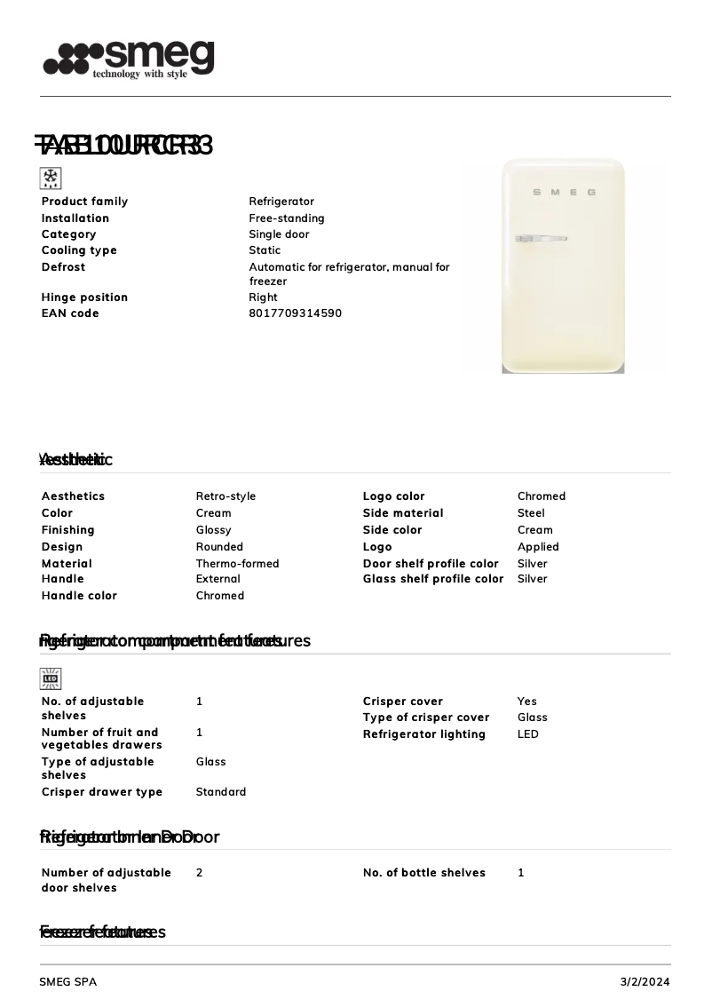 Page n°1 - Fiche technique Smeg FAB10URCR3