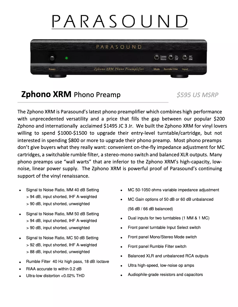 Page 1 de la notice Fiche technique Parasound Zphono XRM