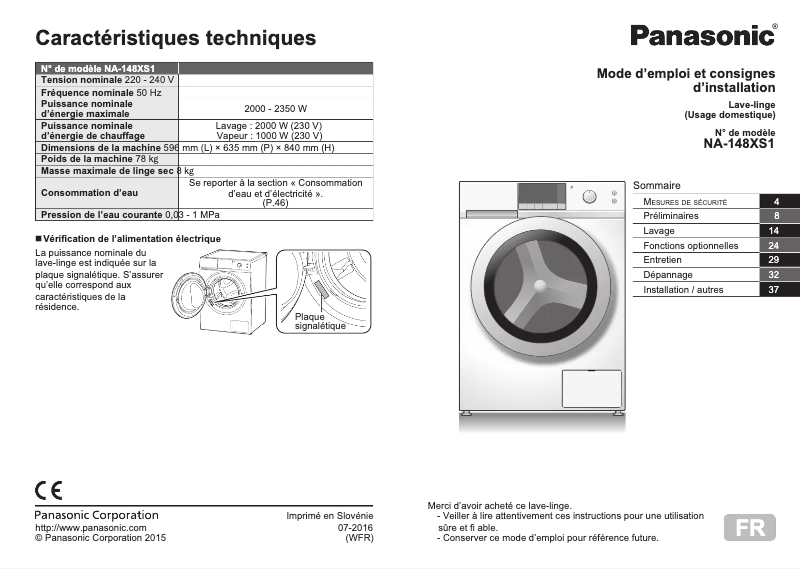 Page 1 de la notice Manuel utilisateur Panasonic NA-148XS1
