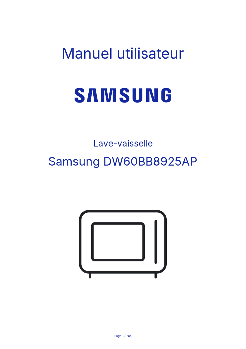 Page 1 de la notice Manuel utilisateur Samsung DW60BB8925AP