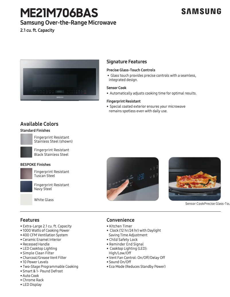 Page 1 de la notice Fiche technique Samsung ME21B706B12