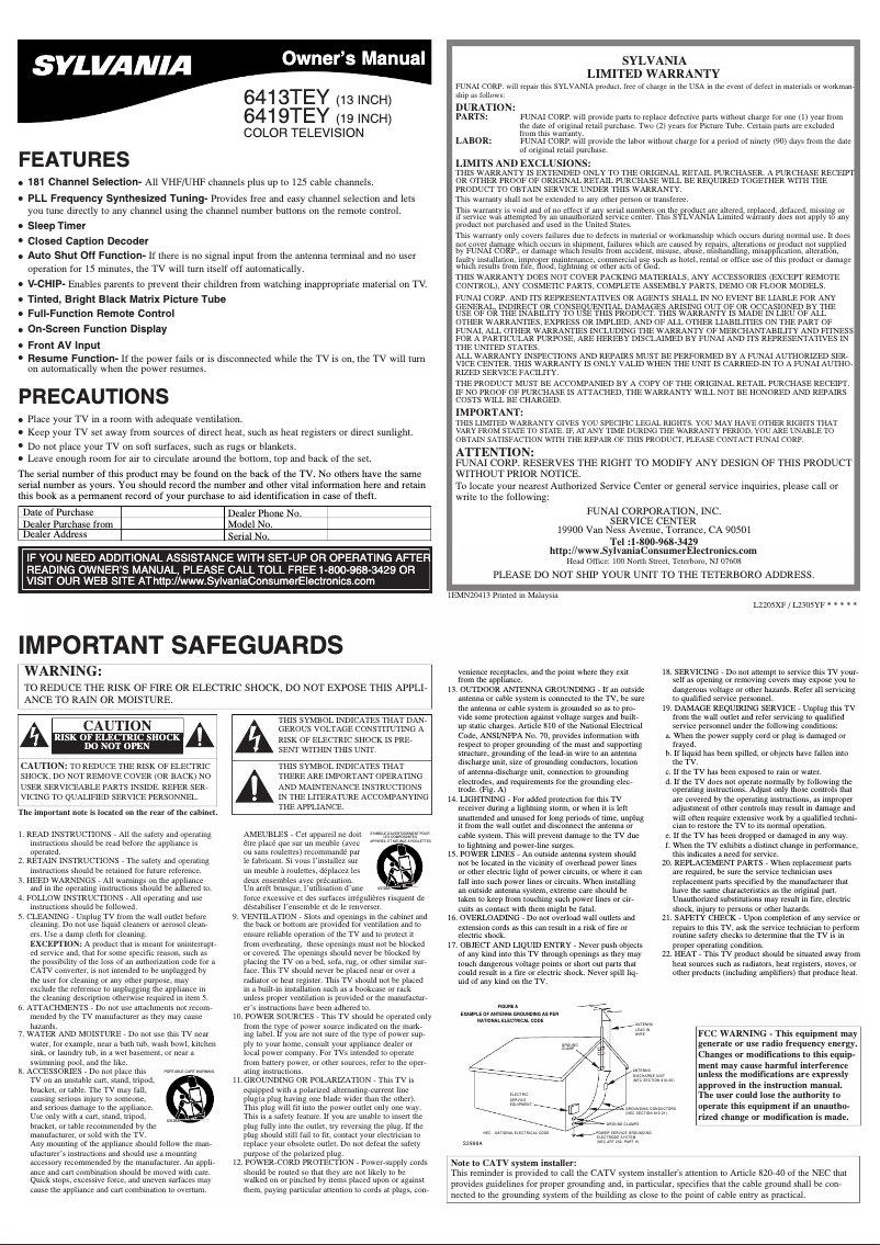 Page 1 de la notice Manuel utilisateur Sylvania 6413TEY