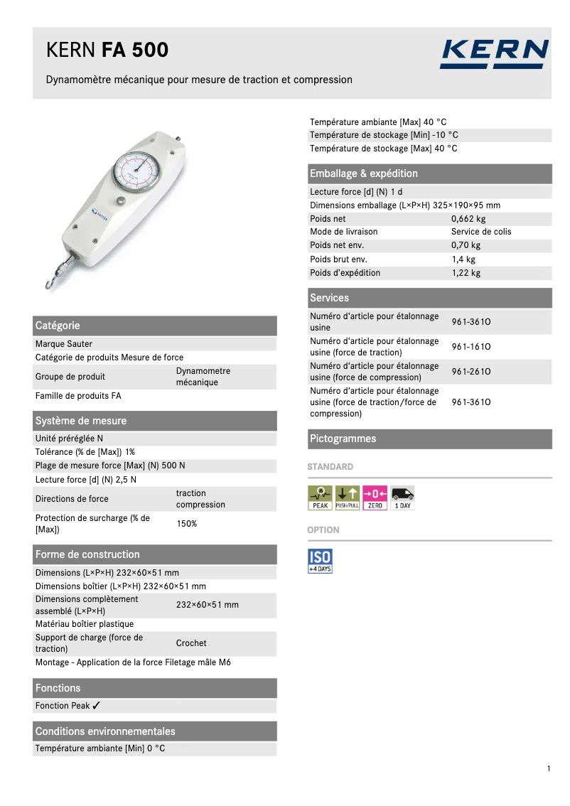 Page 1 de la notice Fiche technique Kern FA 500