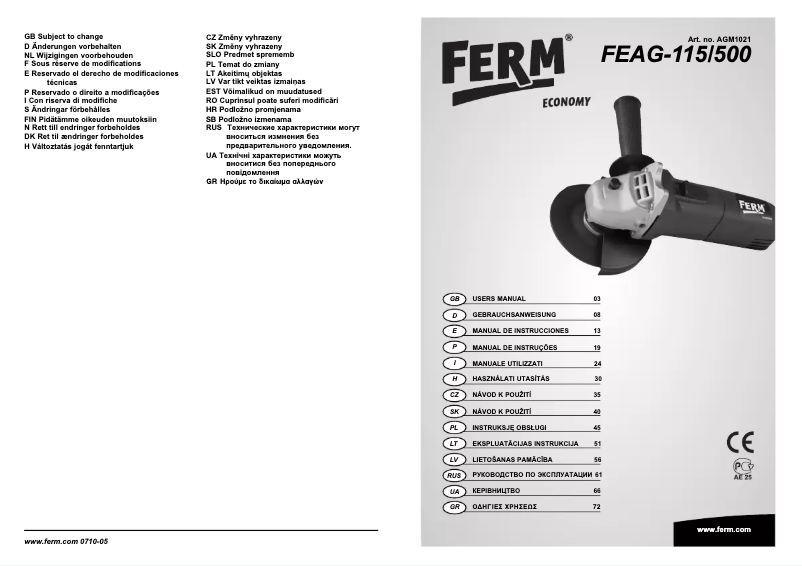 Page n°1 - Manuel utilisateur Ferm FEAG-115/500