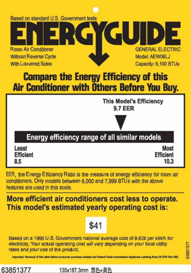 Page 1 de la notice Label énergétique GE AEW06LJ