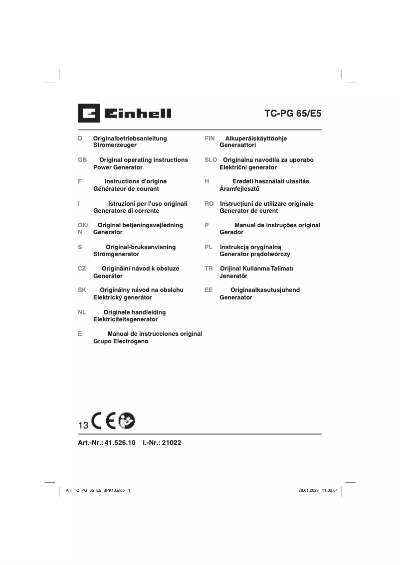 Page 1 de la notice Manuel utilisateur Einhell TC-PG 65/E5