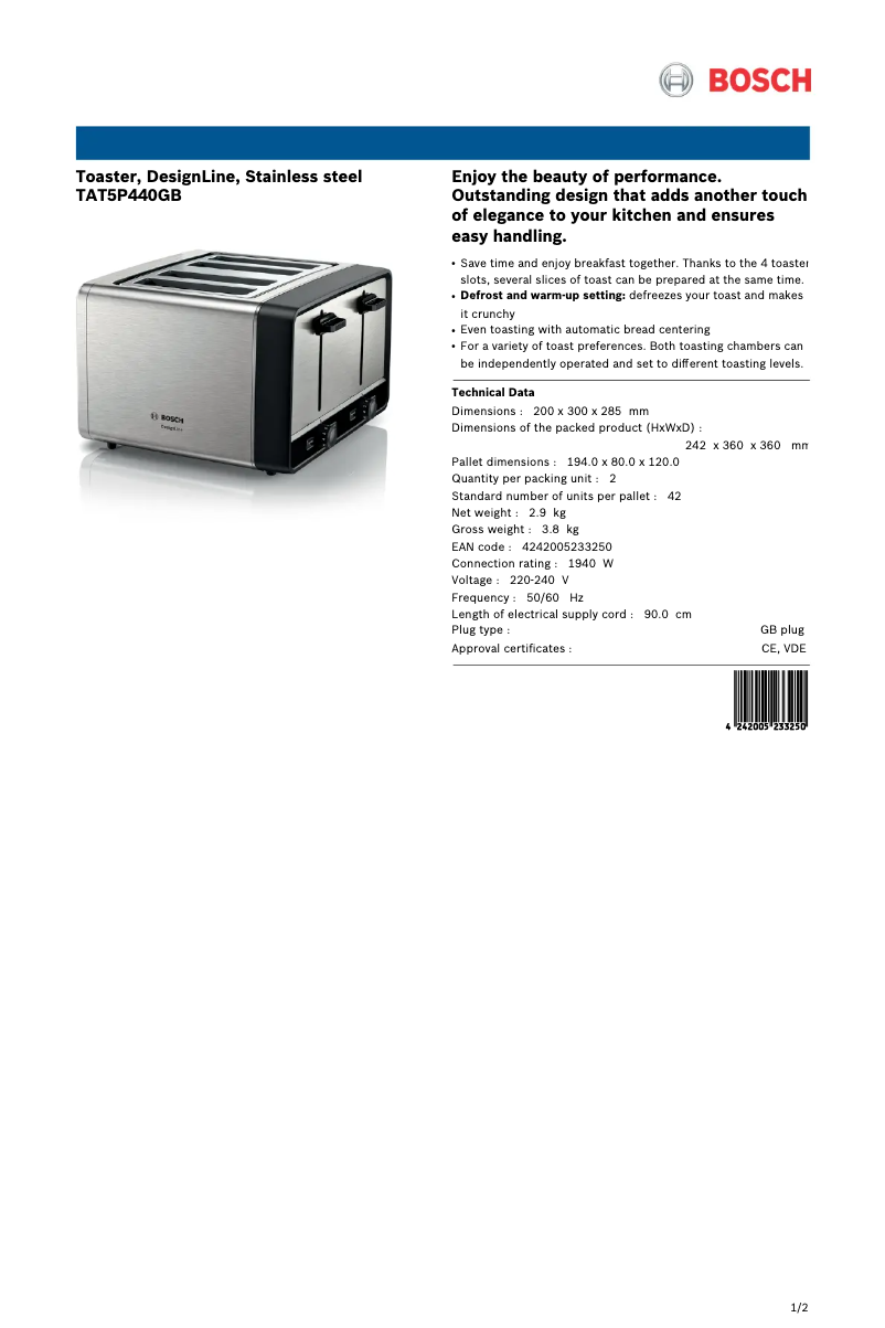 Page 1 of the manual Technical Sheet Bosch TAT5P440GB