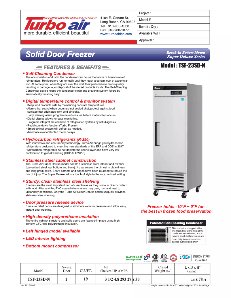 Page 1 de la notice Fiche technique Turbo air TSF-23SD