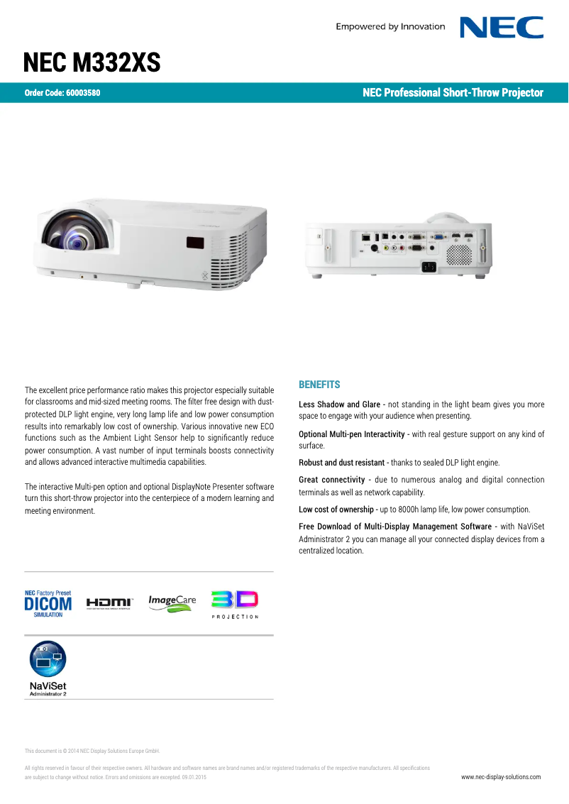 Page 1 de la notice Fiche technique NEC M332XS