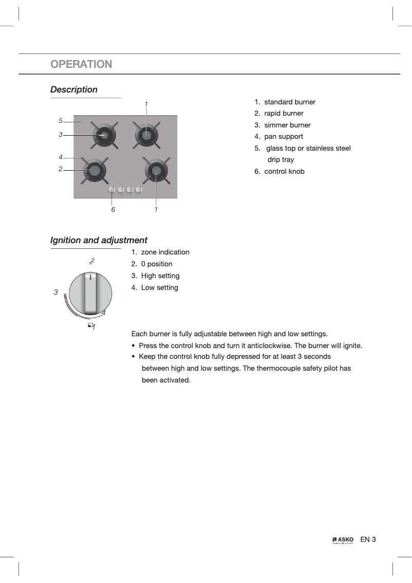 Page 1 de la notice Manuel utilisateur Asko Gas hob
