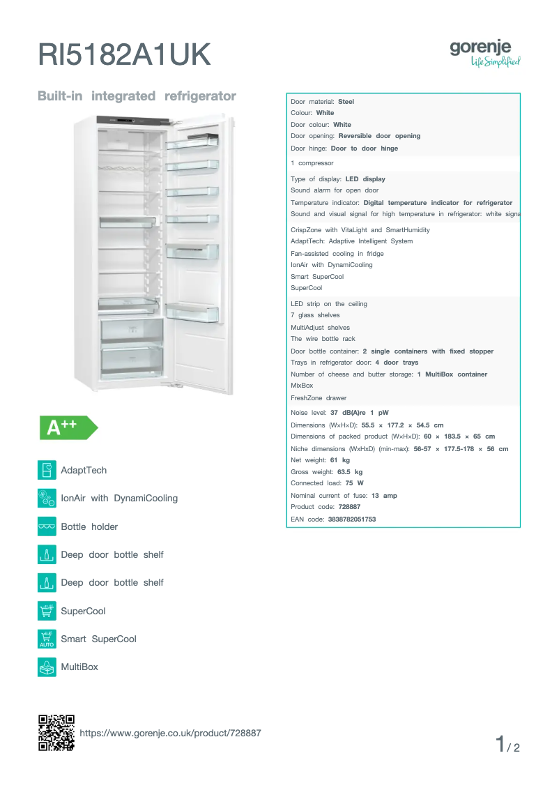 Page n°1 - Fiche technique Gorenje RI5182A1UK