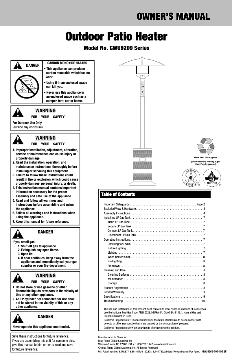 Page 1 de la notice Manuel utilisateur Blue Rhino GWU9209SP