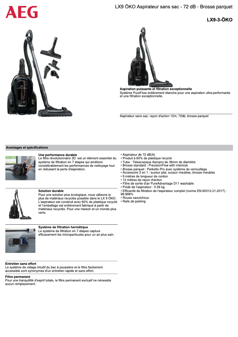 Page 1 de la notice Fiche technique AEG LX9-3-ÖKO