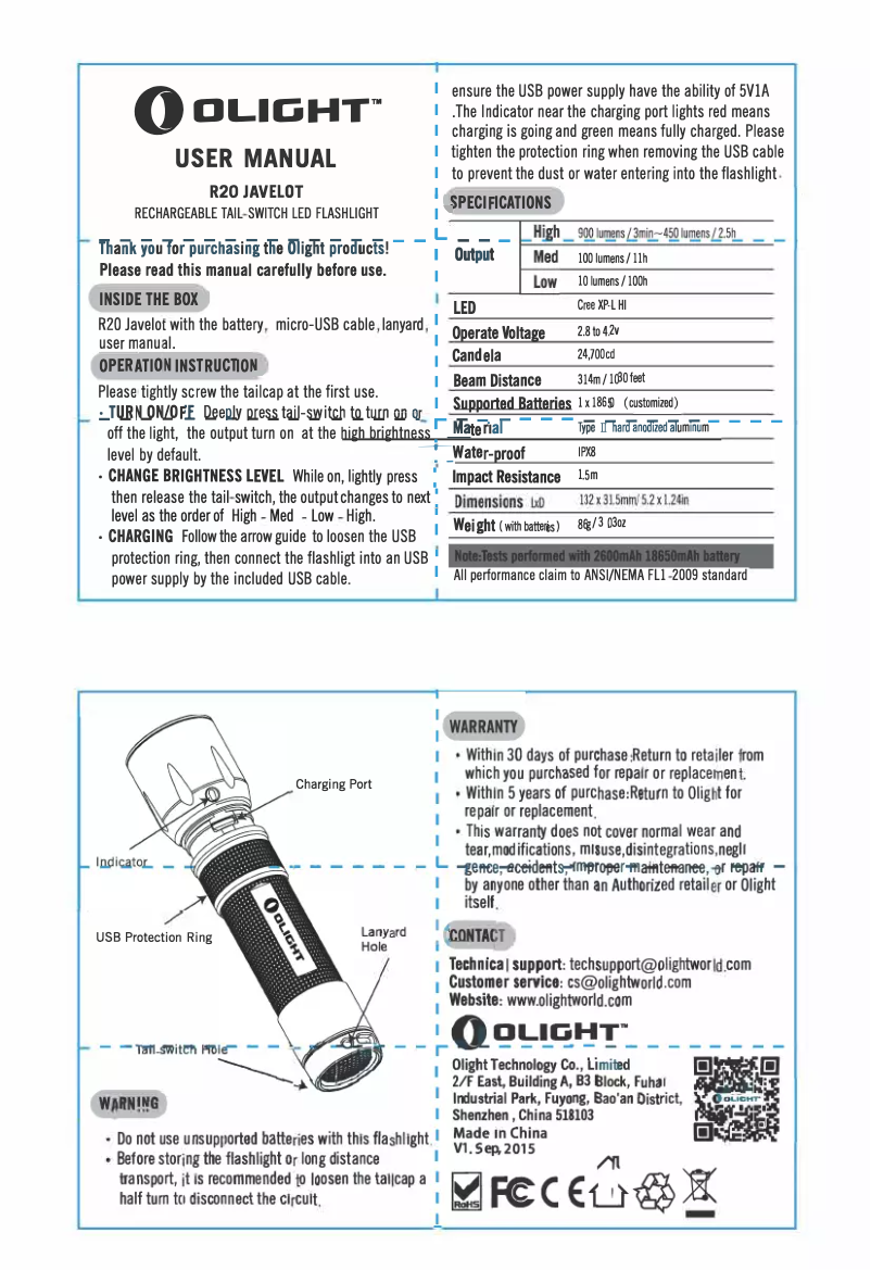 Page 1 de la notice Manuel utilisateur Olight R20 JAVELOT