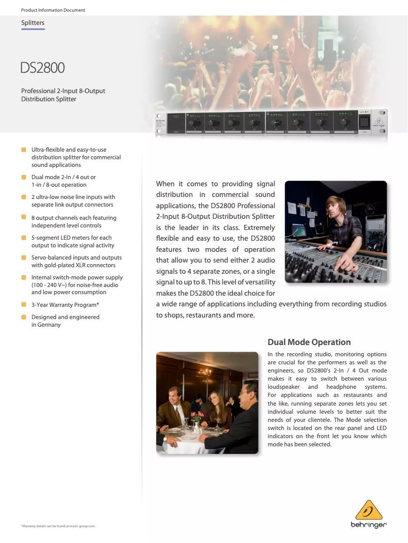 Página 1 del manual Ficha técnica Behringer Ultralink DS2800