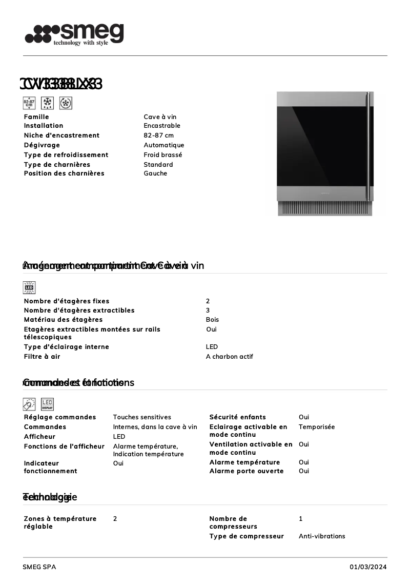 Page 1 de la notice Fiche technique Smeg CVI338LX3