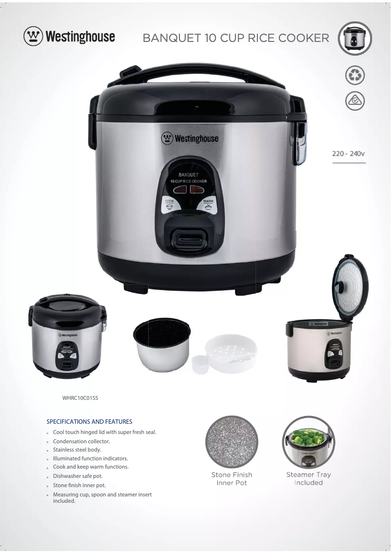 Page 1 de la notice Fiche technique Westinghouse WHRC10C01SS