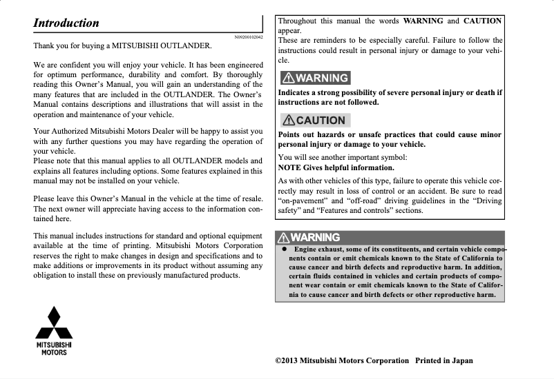 Page n°1 - Manuel utilisateur Mitsubishi Outlander (2014)