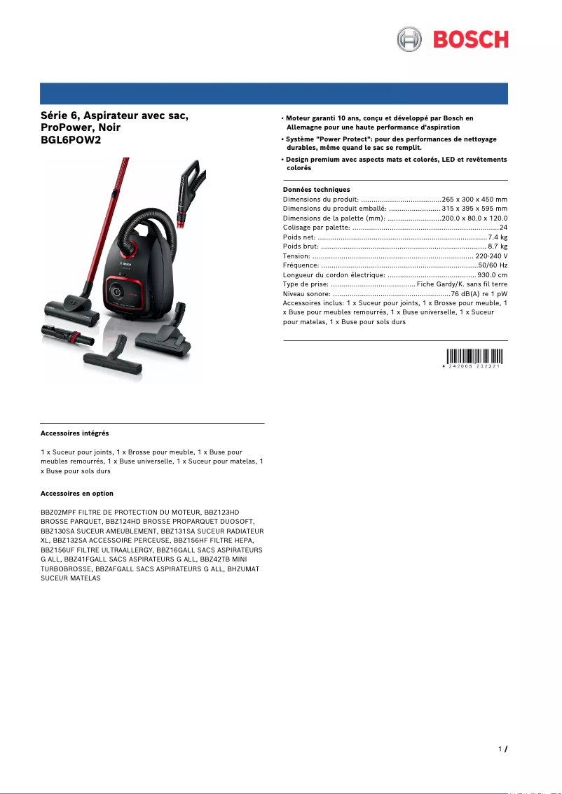 Page n°1 - Fiche technique Bosch BGL6POW2