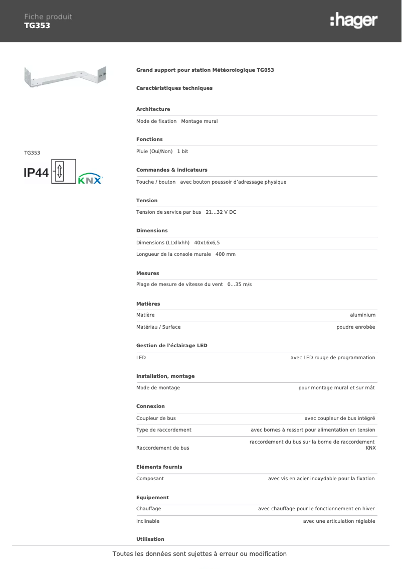 Page 1 de la notice Fiche technique Hager TG353