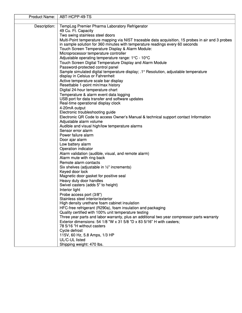 Page 1 de la notice Manuel utilisateur American BioTech Supply ABT-HCPP-49-TS