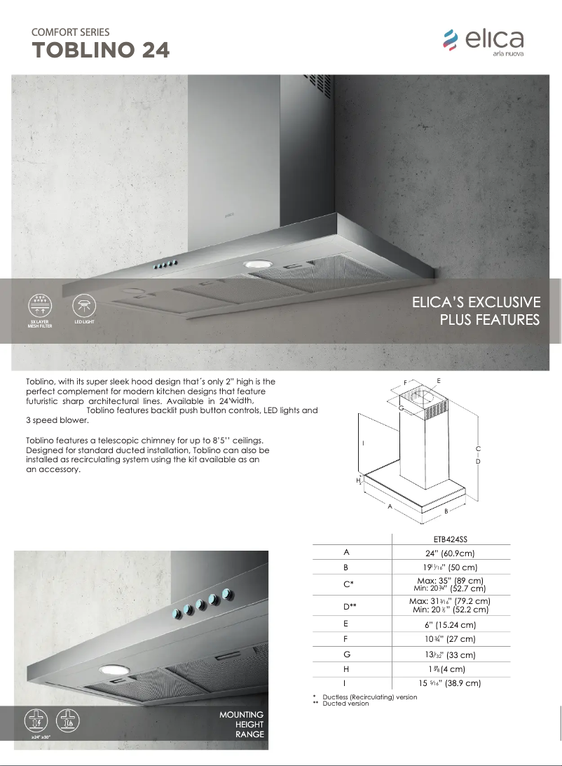 Page 1 de la notice Fiche technique Elica Toblino ETB436S3