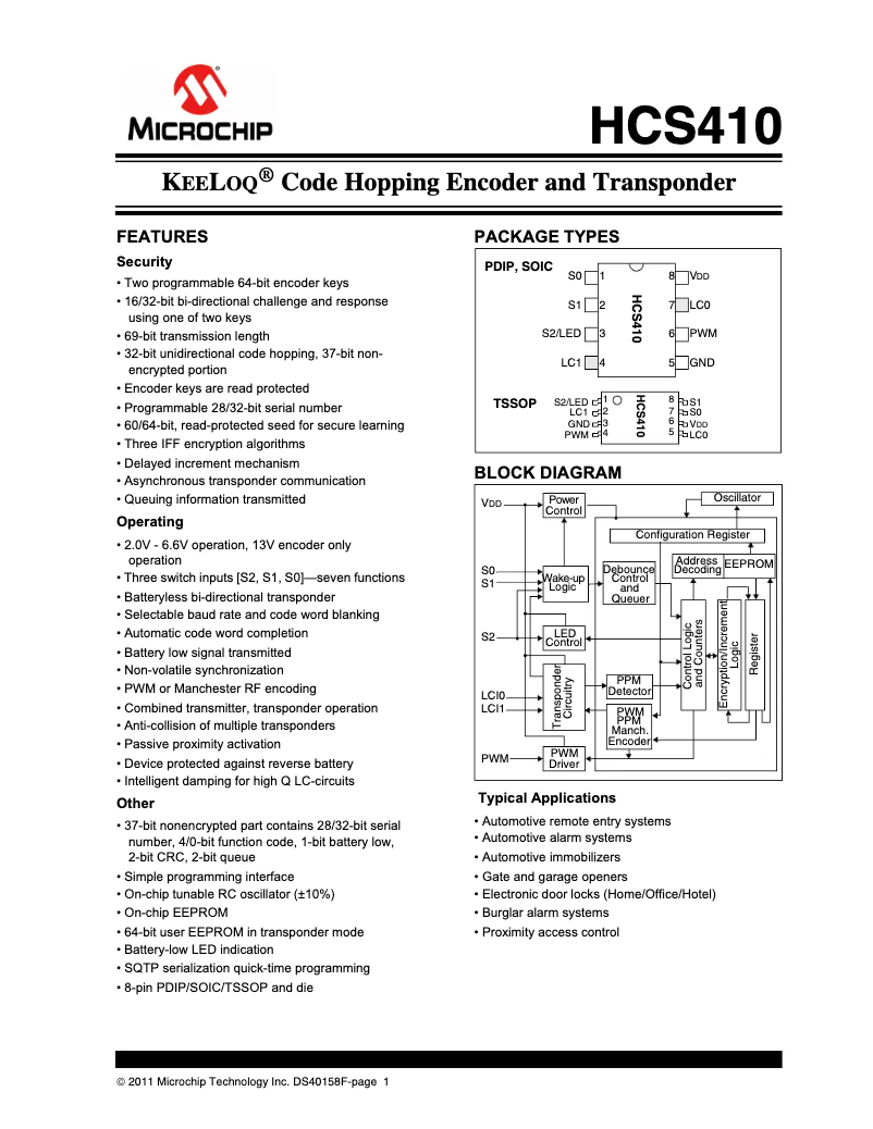Page 1 de la notice Fiche technique Microchip HCS410