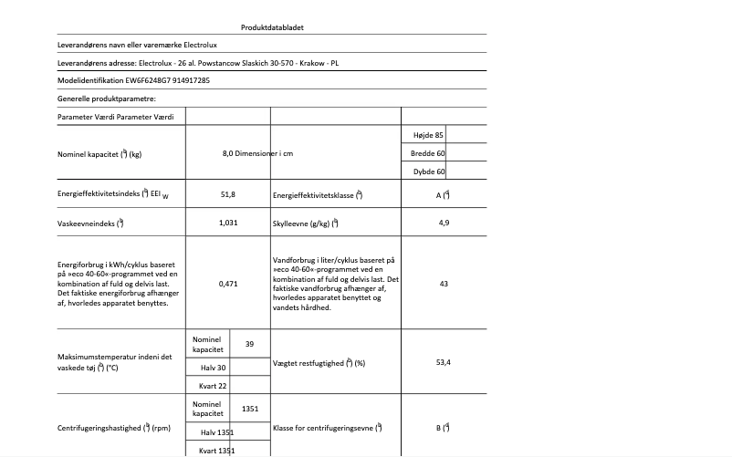 Page 1 de la notice Fiche technique Electrolux EW6F6248G7