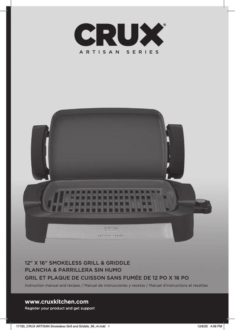 Page 1 de la notice Manuel utilisateur CRUX Artisan Series 12” x 16” Smokeless Grill & Griddle