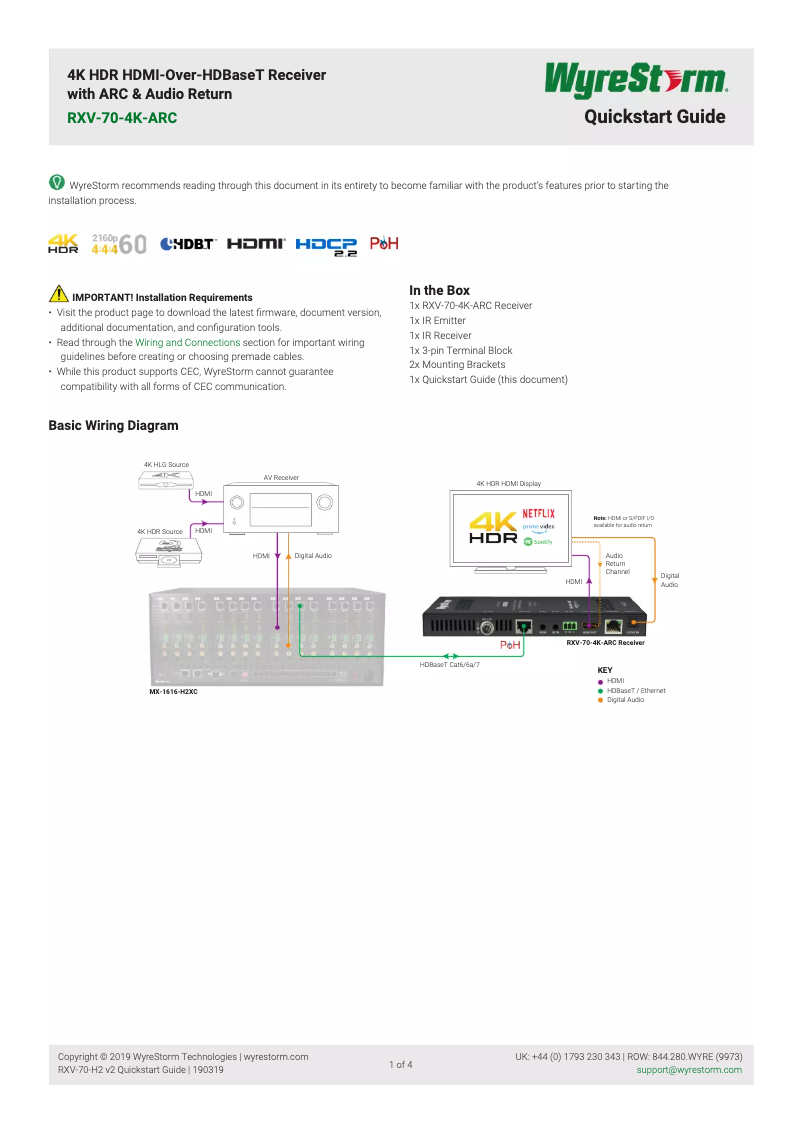 Page 1 de la notice Manuel utilisateur WyreStorm RXV-70-4K-ARC