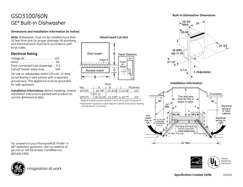 Page 1 de la notice Fiche technique GE GSD3100NWW