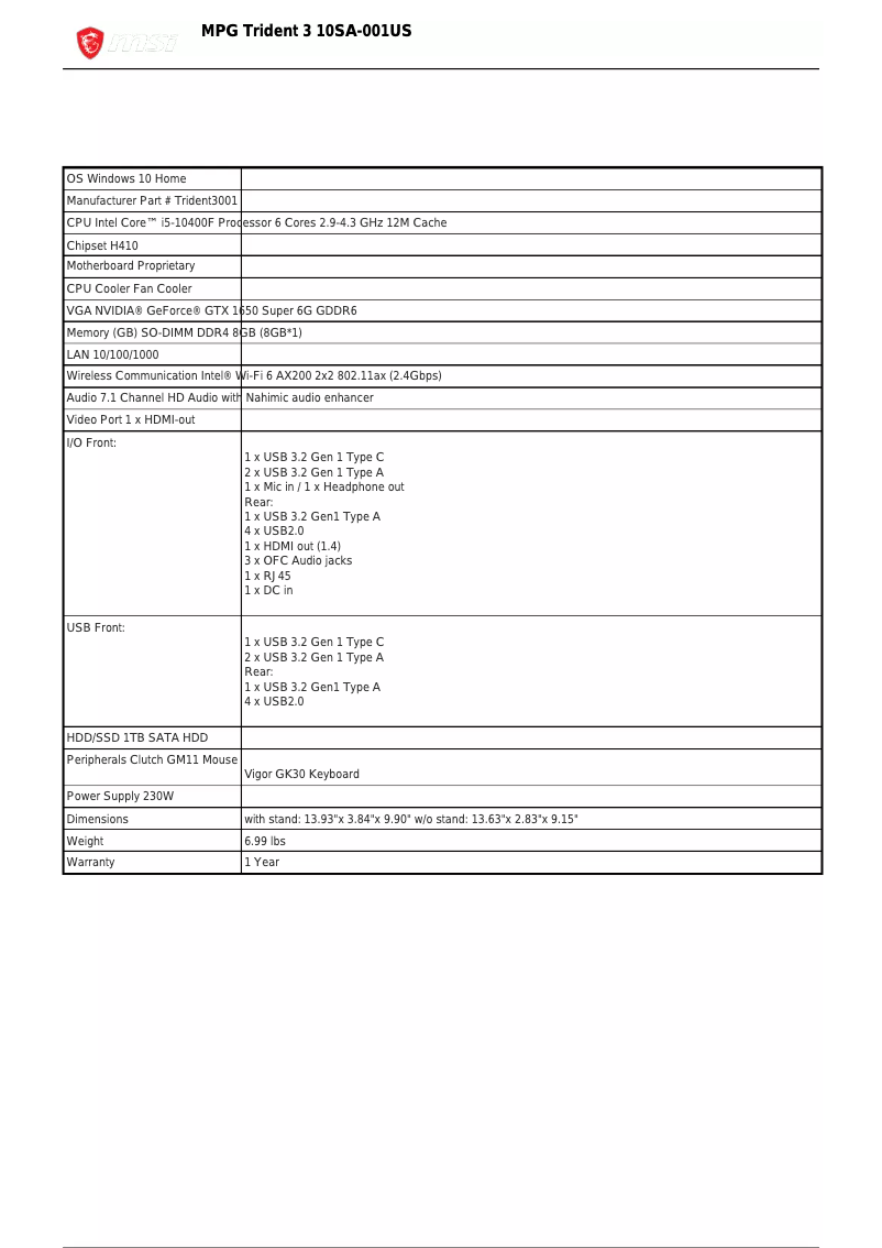 Page 1 de la notice Fiche technique MSI MPG Trident 3