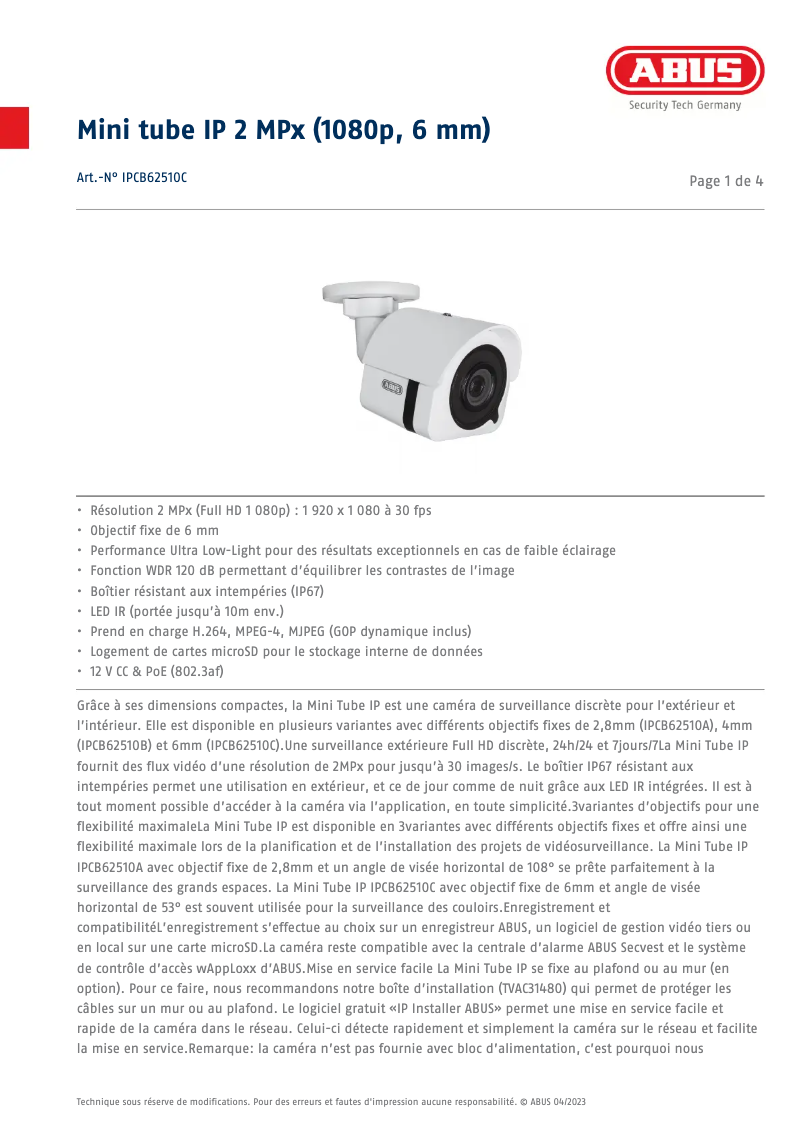 Page 1 de la notice Fiche technique Abus IPCB62510C