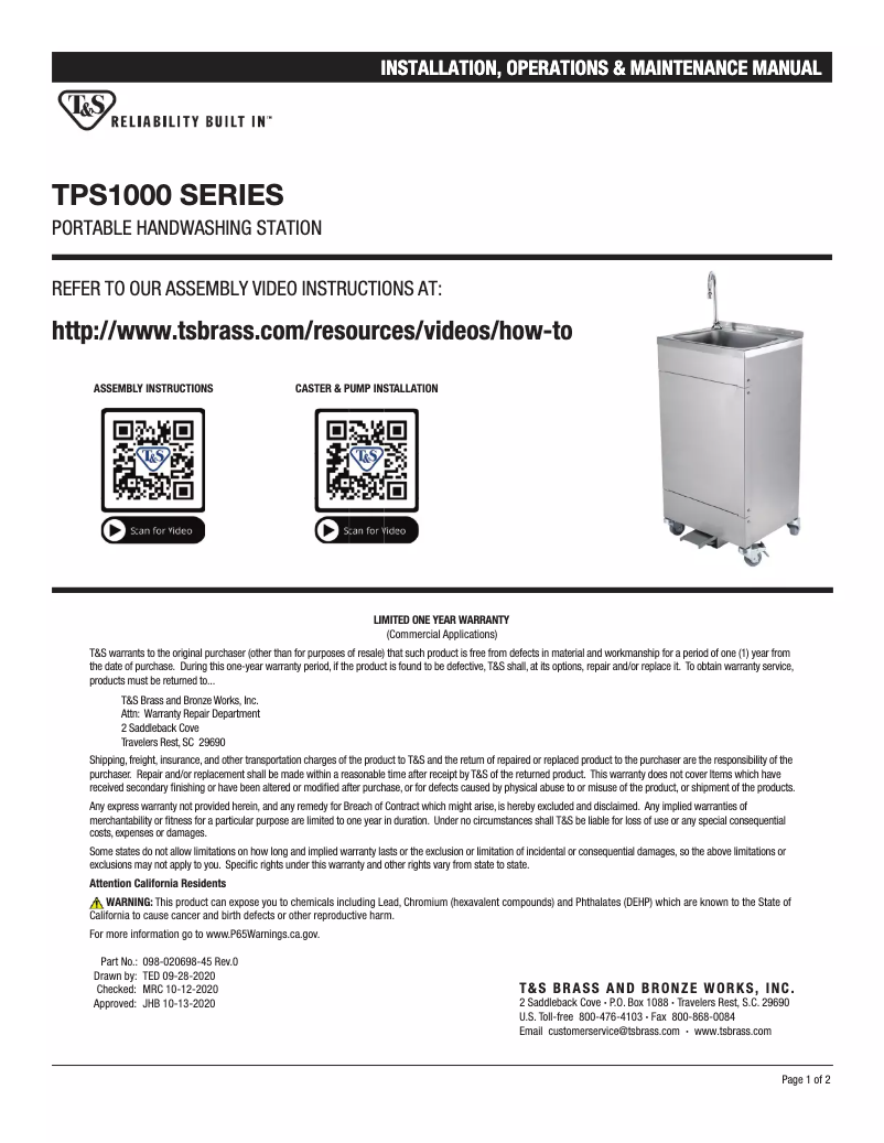 Page n°1 - Manuel utilisateur T&S TPS1020-B0205V5