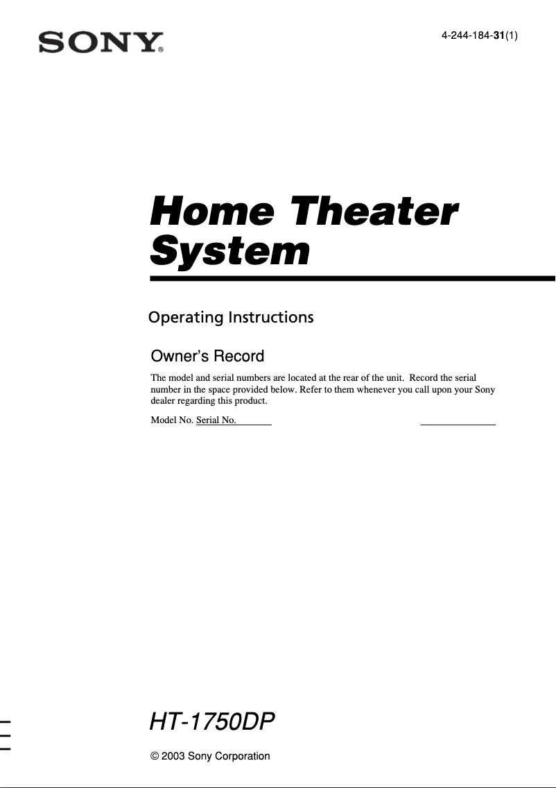 Page 1 de la notice Manuel utilisateur Sony HT-1750DP
