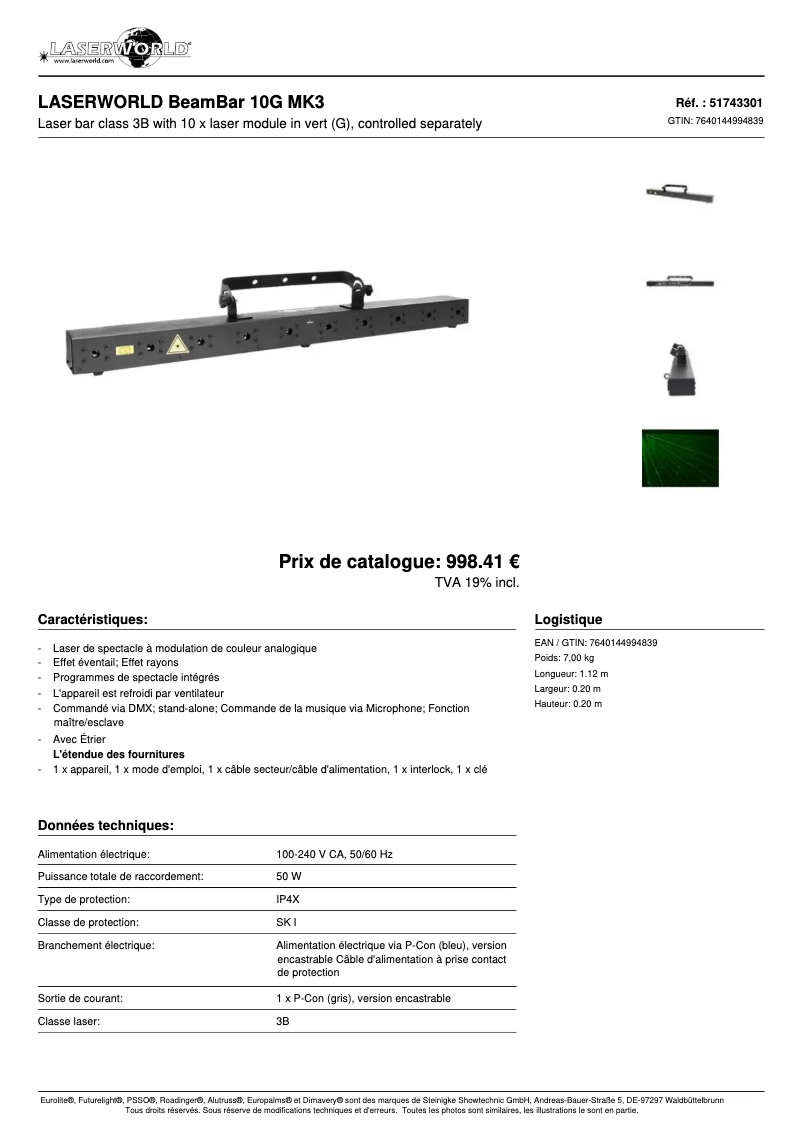 Página 1 del manual Ficha técnica Laserworld BeamBar 10B MK3