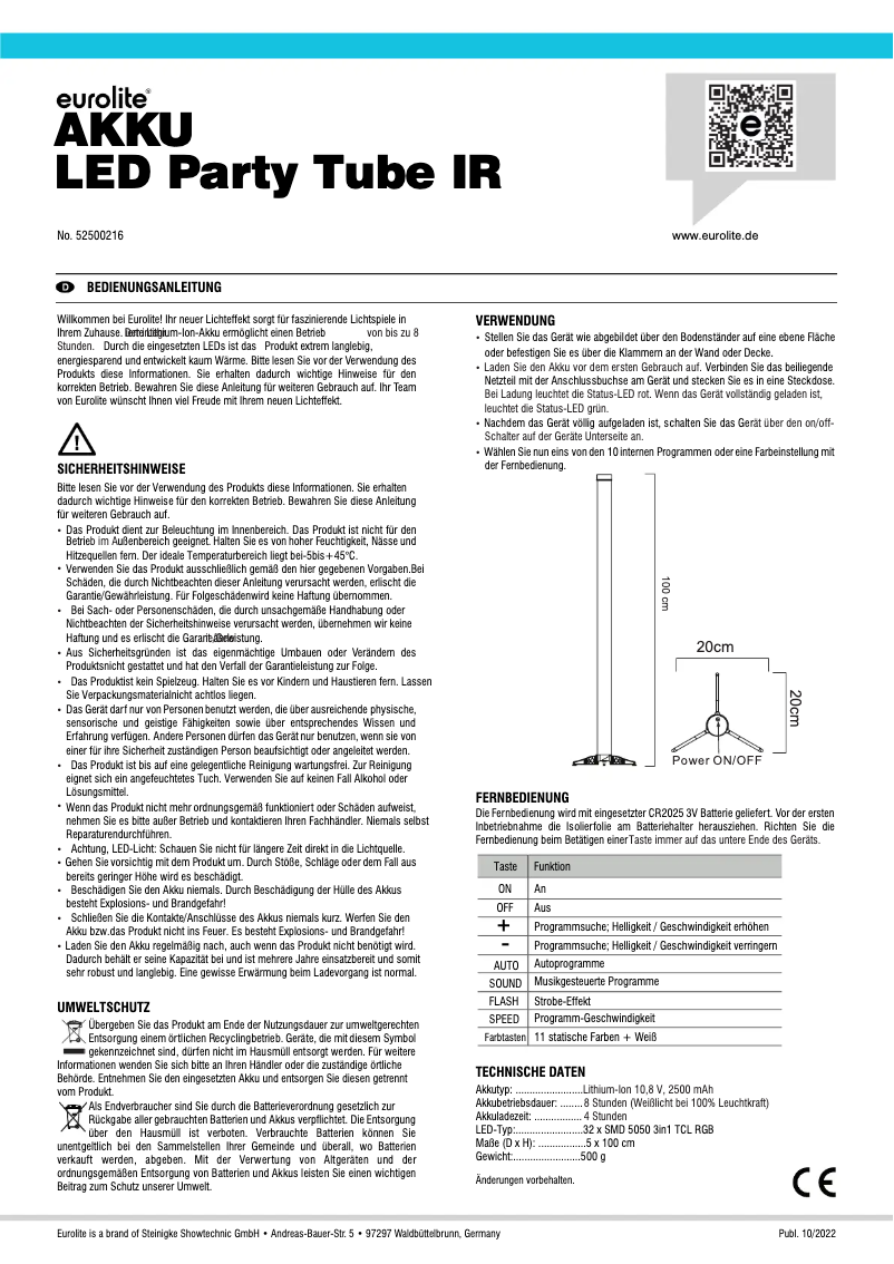 Image de la première page du manuel de l'appareil AKKU LED Party Tube IR