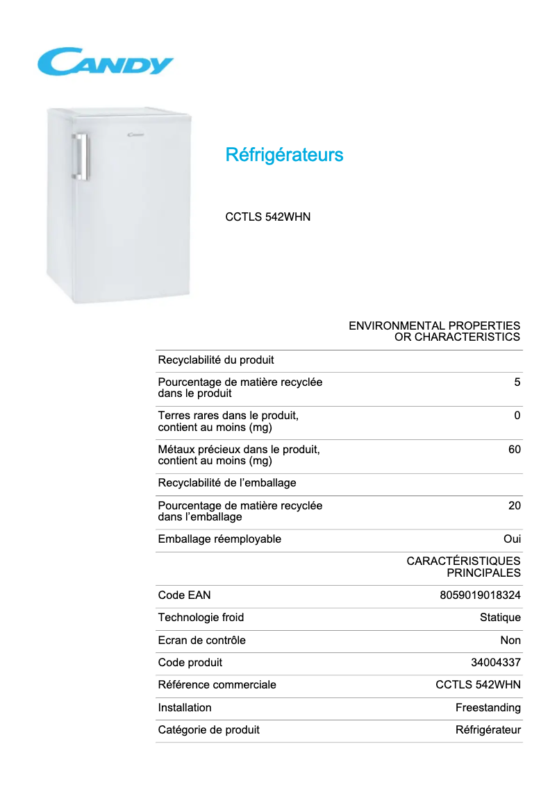 Page 1 de la notice Fiche technique Candy CCTLS 542WHN